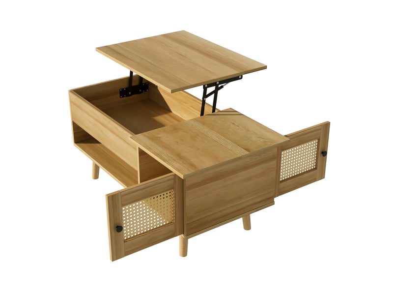 Table basse relevable bois et noir avec portes en rotin, 103x50cm, rangement caché pour salon - Conforama R