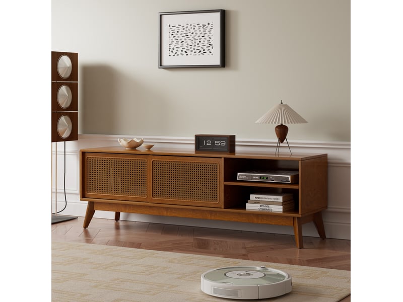  Meuble tv 160.35x48.0x19.7 cm avec portes en rotin, bois et mdf noyer  - Conforama B