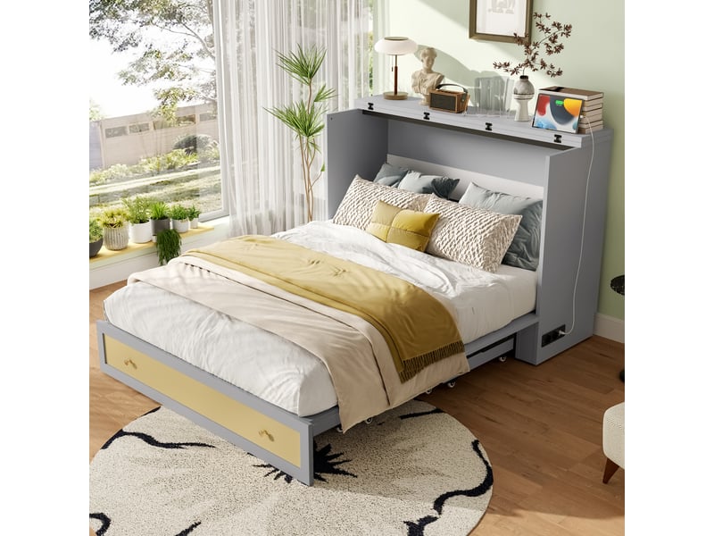  Lit armoire convertible mobile 140 x 200 cm gris avec rangement, usb et prise  - Conforama B