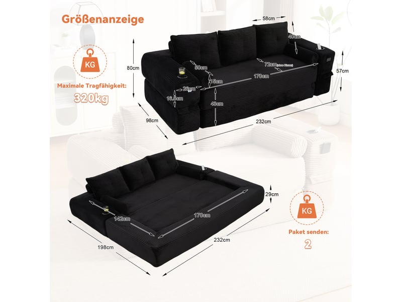  Canapé convertible 3 places en velours côtelé noir avec porte-gobelet  - Conforama E