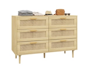Commode 6 tiroirs avec cannage en rotin aspect bois clair 110 x 40 x 75 cm