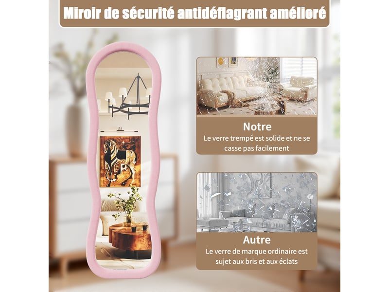  Miroir plein pied 160x50 cm forme ondulée, cadre rembourré en flanelle rose, miroir au sol décoratif pour chambre et salon  - Conforama D