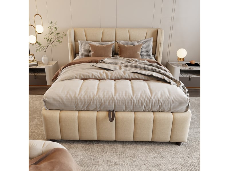  Lit coffre 140 x 200 cm avec rangement pneumatique, tête de lit capitonnée, sommier à lattes, lin beige  - Conforama B