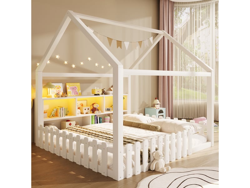  Lit cabane enfant en pin 140x190 cm avec garde-corps, rangements ouverts intégrés et éclairage led, structure mdf, style minimaliste, blanc  - Conforama B