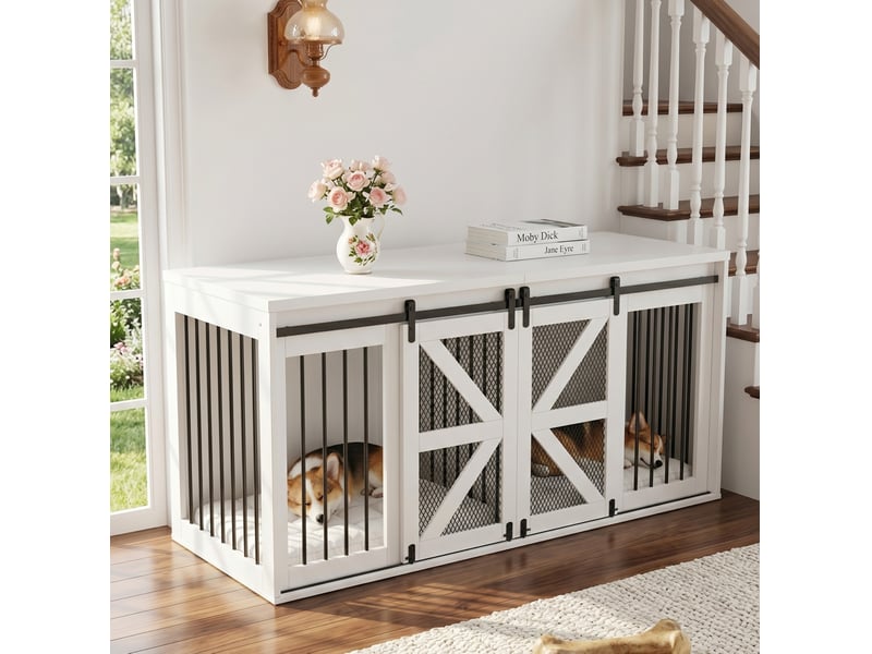  Cage d’intérieur pour deux animaux de compagnie, portes coulissantes, mdf et métal, blanc, 160 x 60 x 75 cm  - Conforama C
