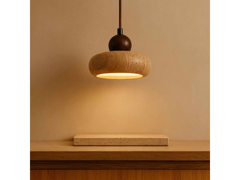  Suspension design ronde en travertin et bois effet noyer iris  - Conforama E