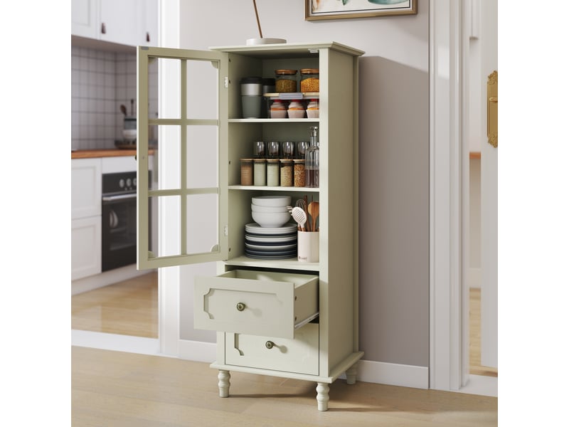  Buffet haut 50x40x133cm en mdf, bois et verre de sécurité avec porte vitrée et 2 tiroirs blanc crème chicfurn  - Conforama B