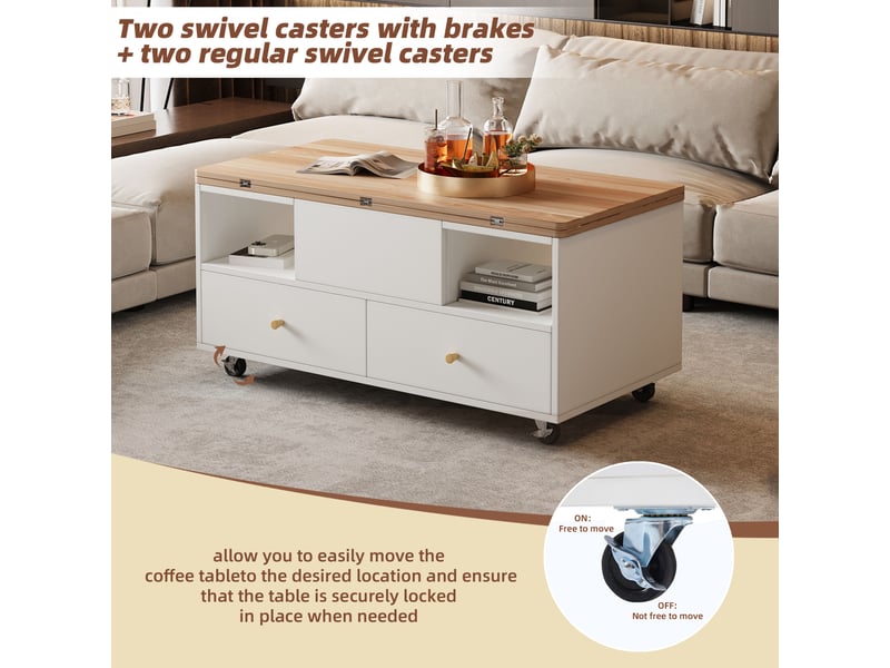  Table basse relevable avec plateau rabattable, 4 tiroirs, roulettes et rangement ouvert pour salon, 100 × 50 × 47,5 cm  - Conforama E