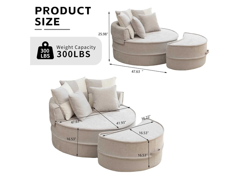  Fauteuil rond gris avec pouf, fauteuil lounge en chenille avec cinq coussins, assise mi-ferme pour salon, 163 x 121 x 66 cm  - Conforama E