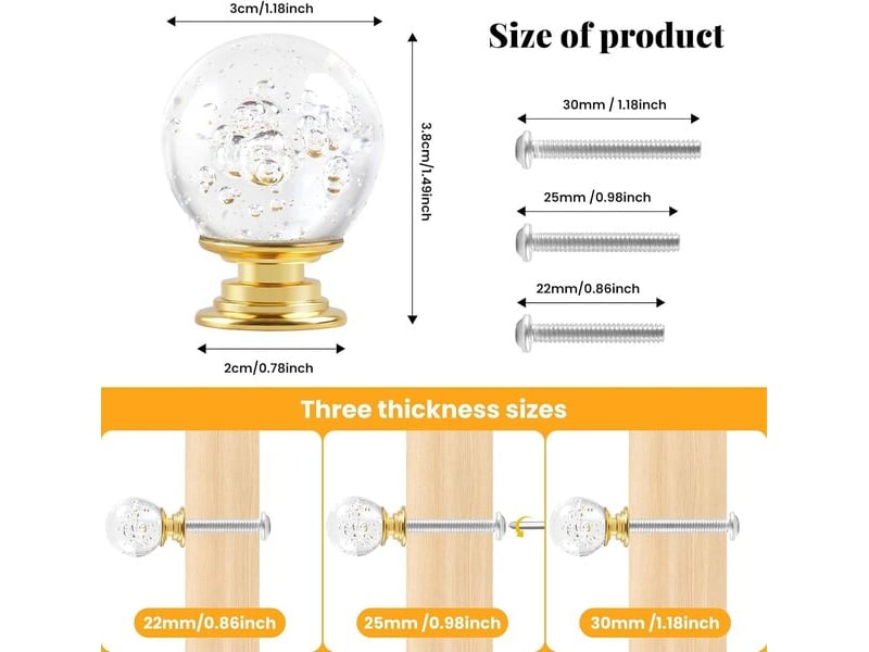  Ensemble de 6 poignées en cristal bulle avec base dorée de 30 mm, poignées pour commodes, cuisine et dressings  - Conforama E