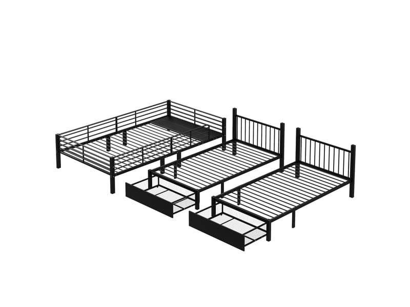  Lit superposé 3 places 140 × 200 cm et 90 × 200 cm, 2 tiroirs, transformable, sans matelas, métal noir  - Conforama E
