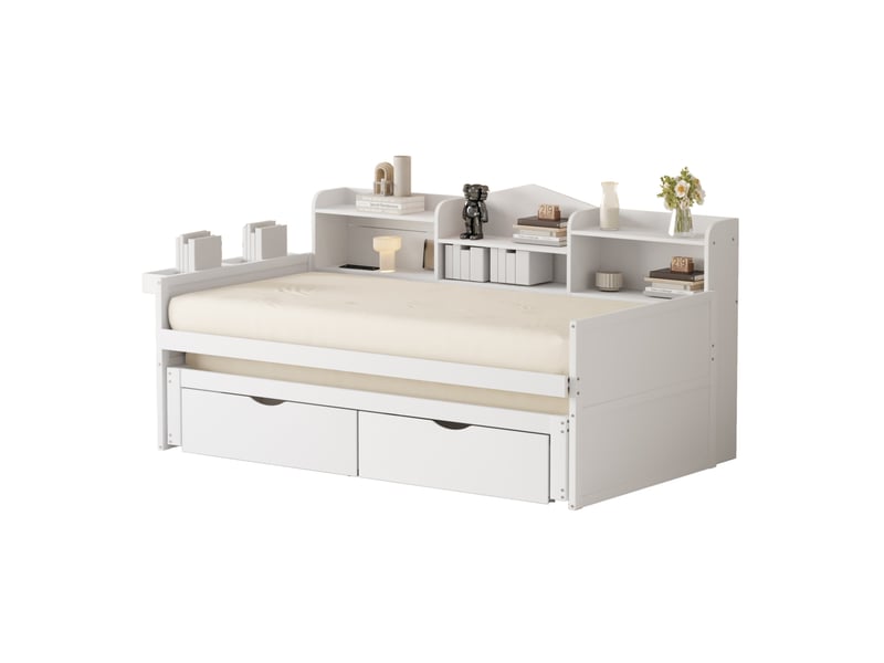  Lit gigogne 90 x 200 cm blanc avec rangement, lit tiroir 90 x 190 cm et prise usb  - Conforama A