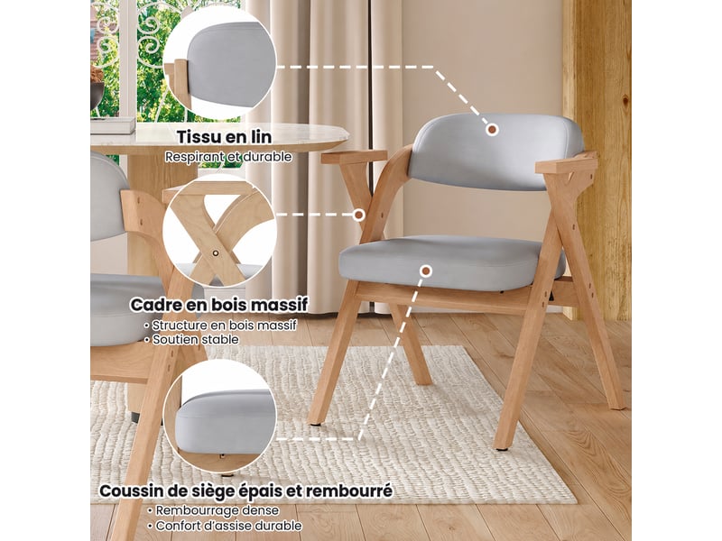  Lot de 6 chaises pliantes de salle à manger en bois massif et lin gris, avec accoudoirs, style moderne  - Conforama D