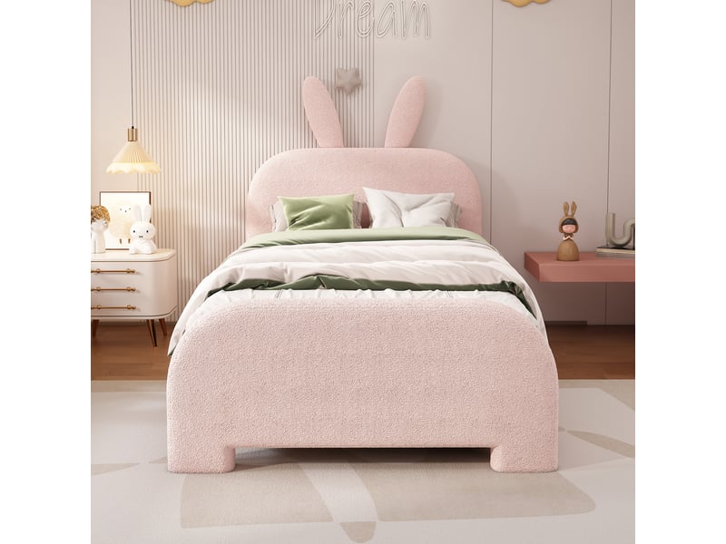  Lit enfant 90x200 cm, tiroirs, forme de lapin, dessin style cartoon, sommier, peluche rose, sans matelas  - Conforama B
