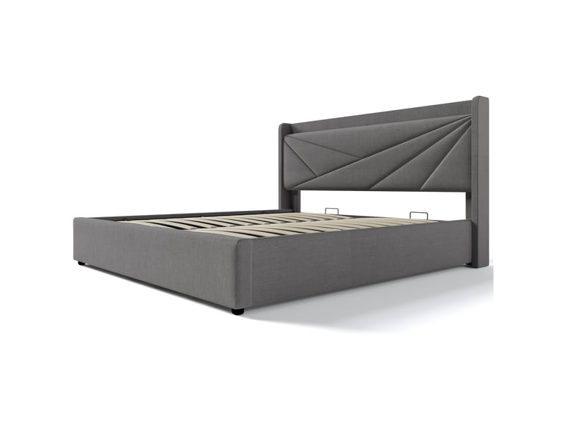  Lit double 140x200 cm en lin avec rangement et coffre, tête de lit avec chargeur usb, sommier inclus, sans matelas  - Conforama A