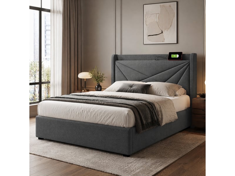 Lit coffre simple 90x200 cm avec ports usb et usb-c, tissu coton-lin gris - Conforama C