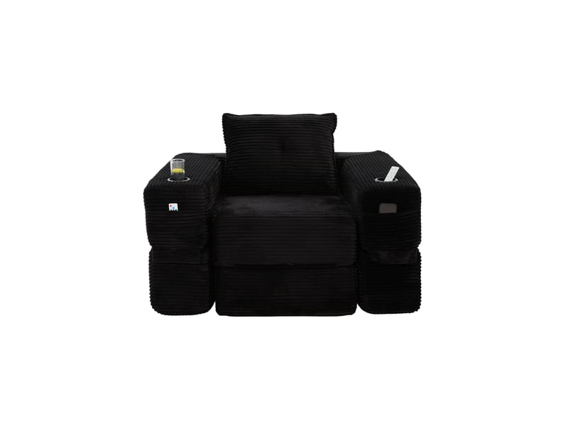  Canapé convertible 1 place avec mousse dense, ressorts, poche latérale et porte-gobelet en velours côtelé noir  - Conforama A