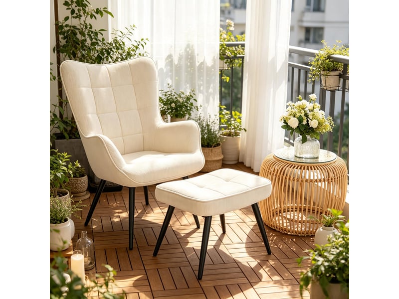  Fauteuil de salon avec repose-pieds 50x49x97cm – lounge chair relax avec dossier haut et pieds en métal – velours côtelé - beige  - Conforama E