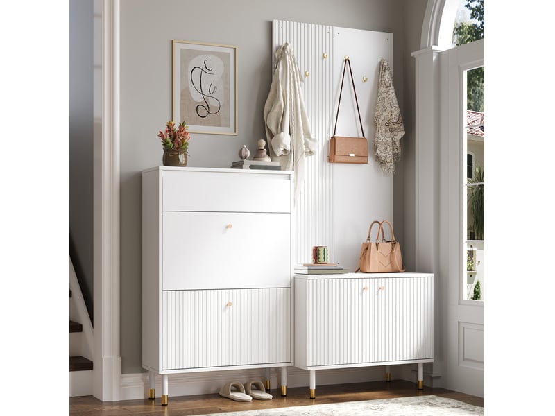  Ensemble vestiaire tcqpz modulable avec meuble à chaussures, rangement et 6 crochets blanc  - Conforama E