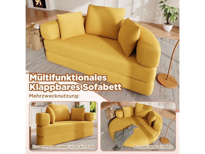  Canapé convertible 2 places en velours côtelé, 2-en-1, lit ovale 173×176 cm, sans montage, 3 coussins inclus  - Conforama E
