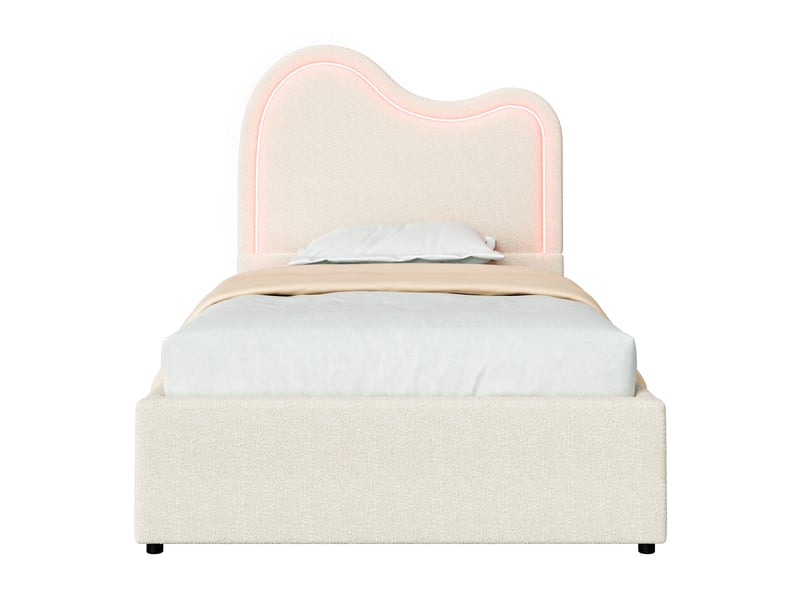  Lit coffre enfant simple 90×200 cm led réglable et rangement  - sans matelas, bouclé blanc  - Conforama A