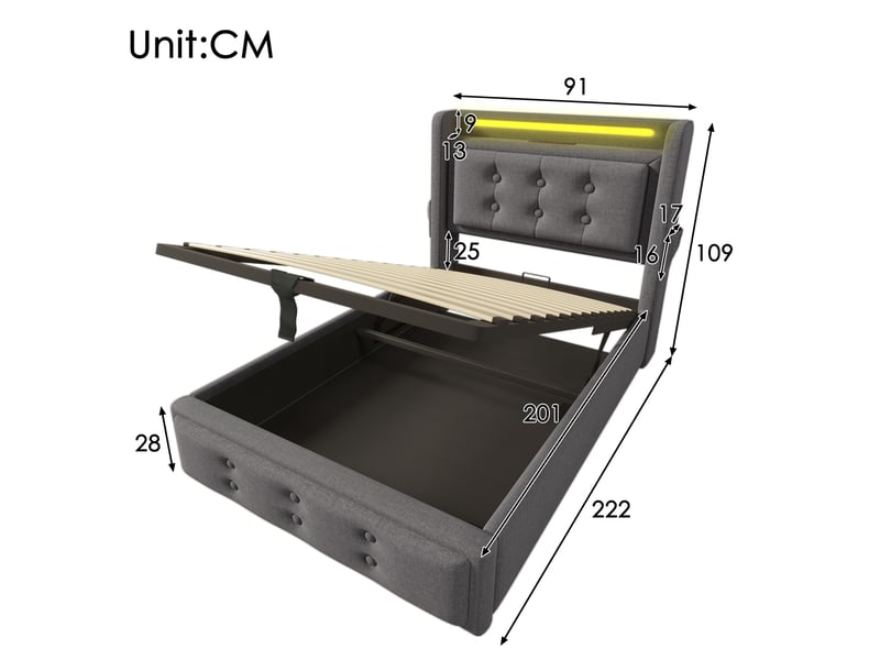  Lit coffre 90 × 200 cm 1 place avec led, usb et type-c, rangement, matelas inclus, tissu gris  - Conforama D