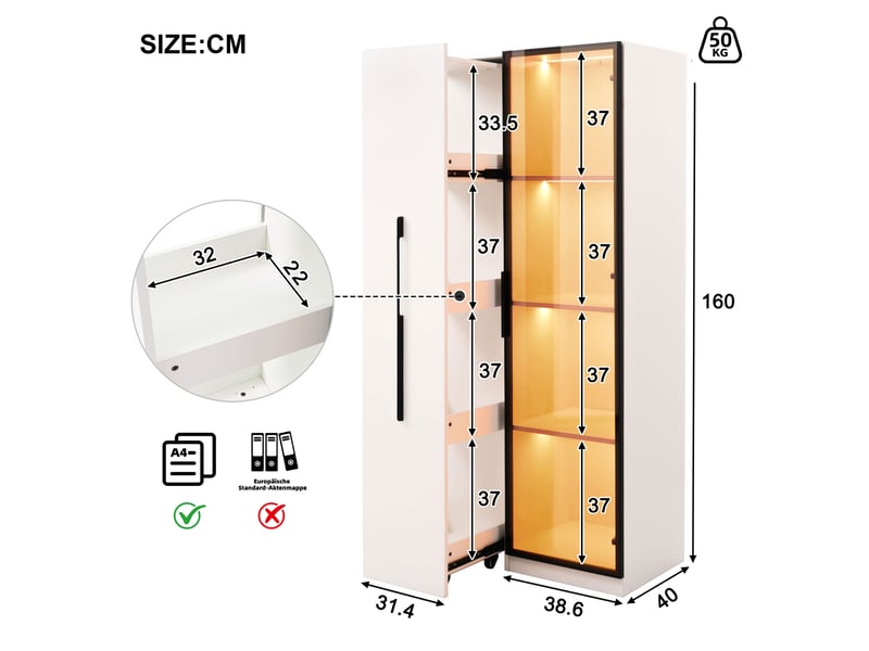  Armoire multifonction 160 cm blanche, vitrine avec éclairage led et bibliothèque coulissante, meuble de rangement pour salon et salle à manger.  - Conforama C