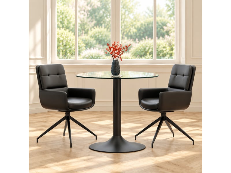  Ensemble table et chaises avec 1 table et 2 chaises pivotantes  - verre trempé, métal et pu - noir transparent  - Conforama C