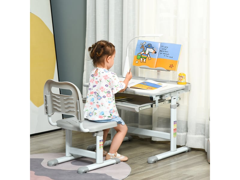  Ensemble chaise et bureau pour enfants avec lampe led hauteur réglable plateau incliné support de lecture gris  - Conforama B