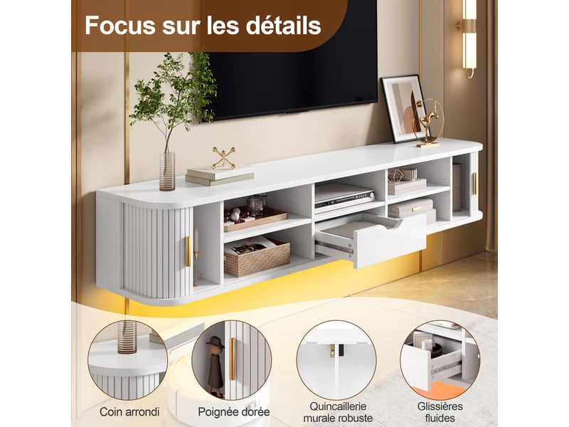  Meuble tv suspendu 175x30x30 cm, 2 portes coulissantes, 1 tiroir, étagères réglables, led par application, façade rainurée - blanc  - Conforama D