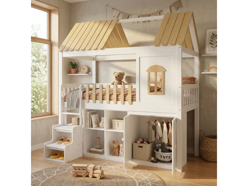  Lit mezzanine enfant 90x200 cm, avec armoire et escalier de rangement gain de place, en bois de pin massif, blanc  - Conforama B