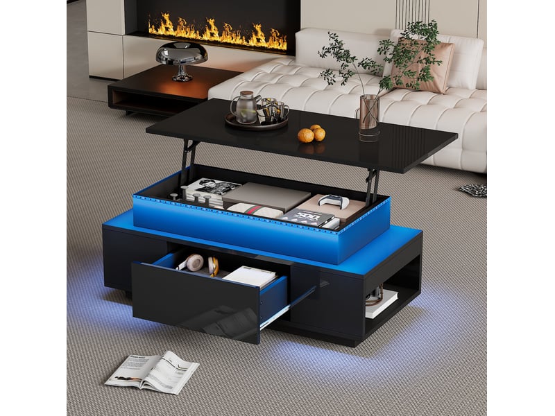  Table basse relevable noire avec led, rangement et tiroir – 96 x 45 x 40 cm  - Conforama B