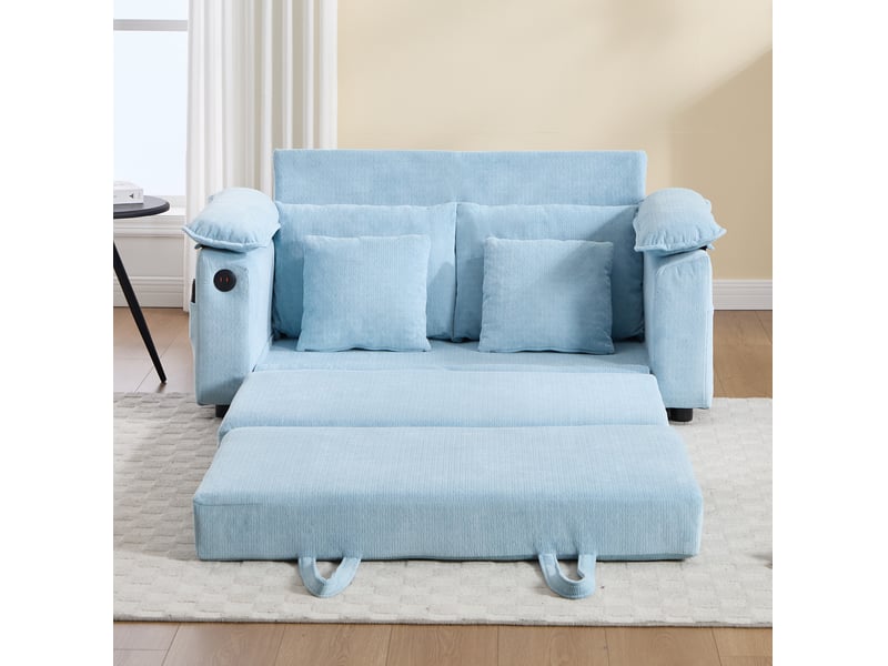 Canapé convertible 3 en 1 deux places avec couchage dépliant et poches latérales en chenille bleu - Conforama D