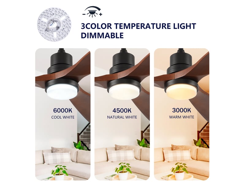 Ventilateur de plafond 150 cm éclairage led 3 pales bois massif noyer et noir réversible 6 vitesses télécommande silencieux - Conforama C