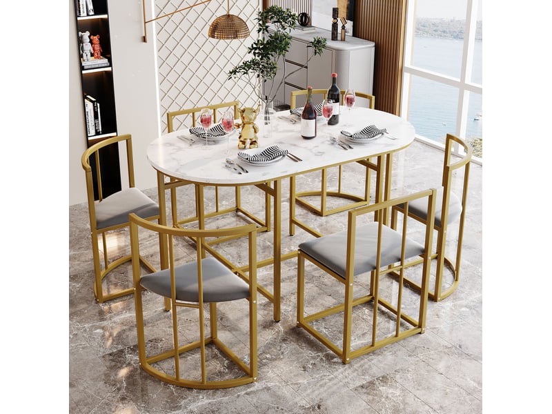  Ensemble table à manger blanche 140x80 cm avec 6 chaises velours gris doré  - Conforama D