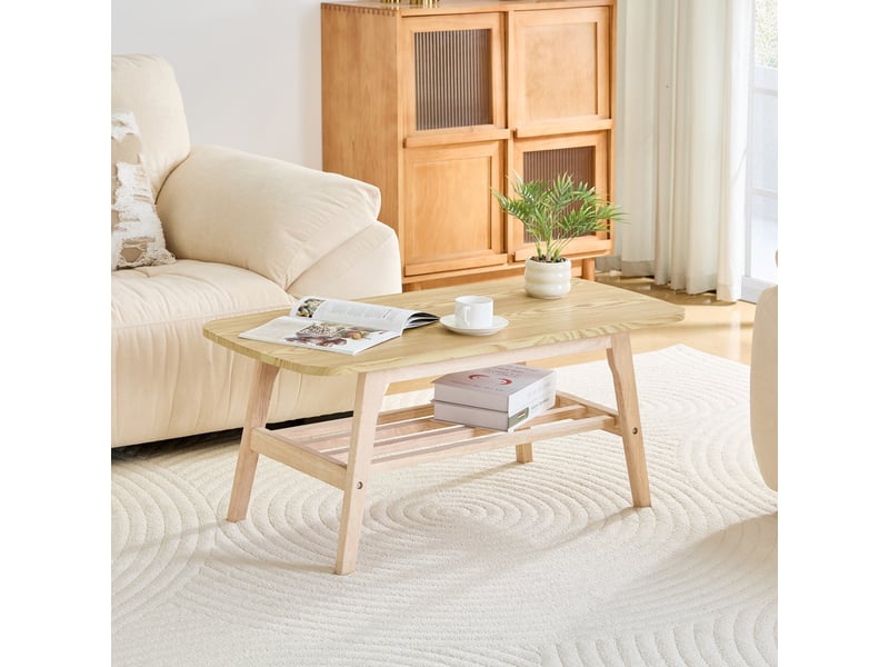  Table basse de salon 100x48x42 cm - table basse en bois massif avec étagère à lattes et double niveau de rangement – naturel  - Conforama D