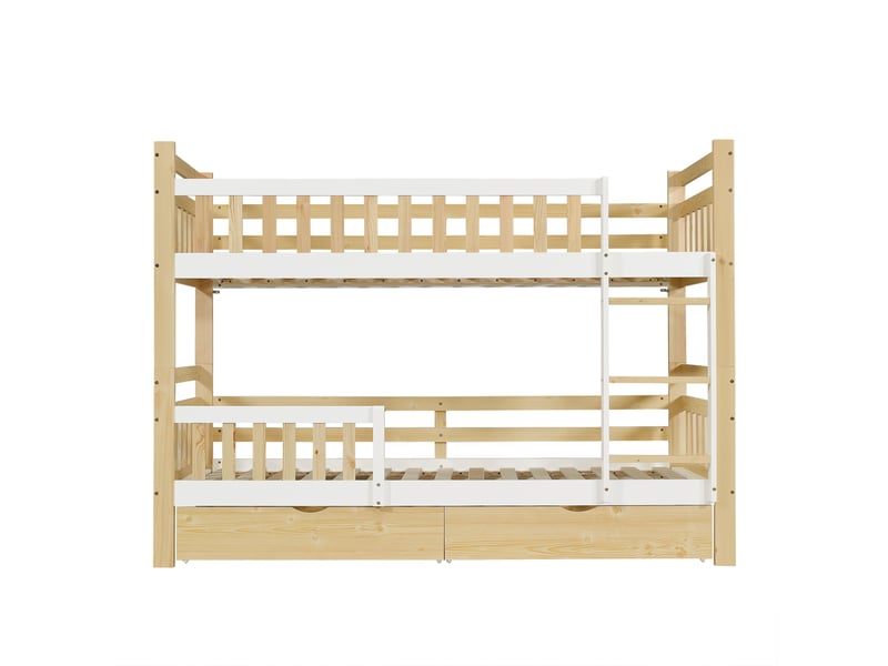  Lit superposé 90x200 cm bois blanc et naturel convertible en 2 lits simples avec échelle barrière de sécurité et 2 tiroirs Sol Morn - Conforama A