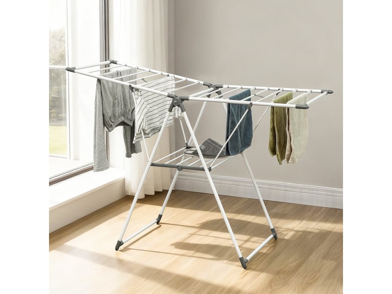  Séchoir à linge à 2 niveaux, réglable sur 4 hauteurs, en métal et plastique, 156,5 x 61,5 x 97 cm, blanc  - Conforama D