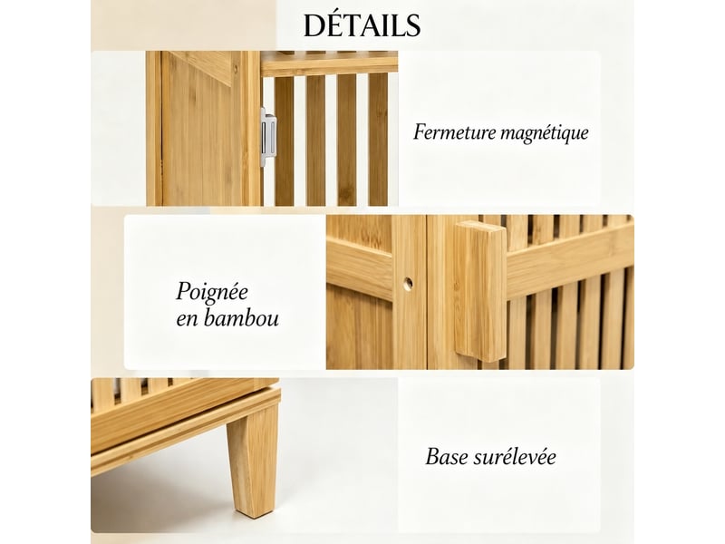  Colonne de rangement en bambou naturel avec porte à lattes, 40 x 30 x 140 cm  - Conforama D