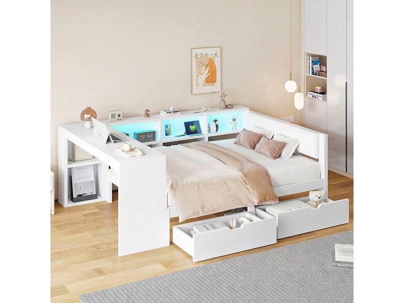  Lit 140x200 avec tiroirs et led, tête capitonnée, station charge usb, blanc  - Conforama C
