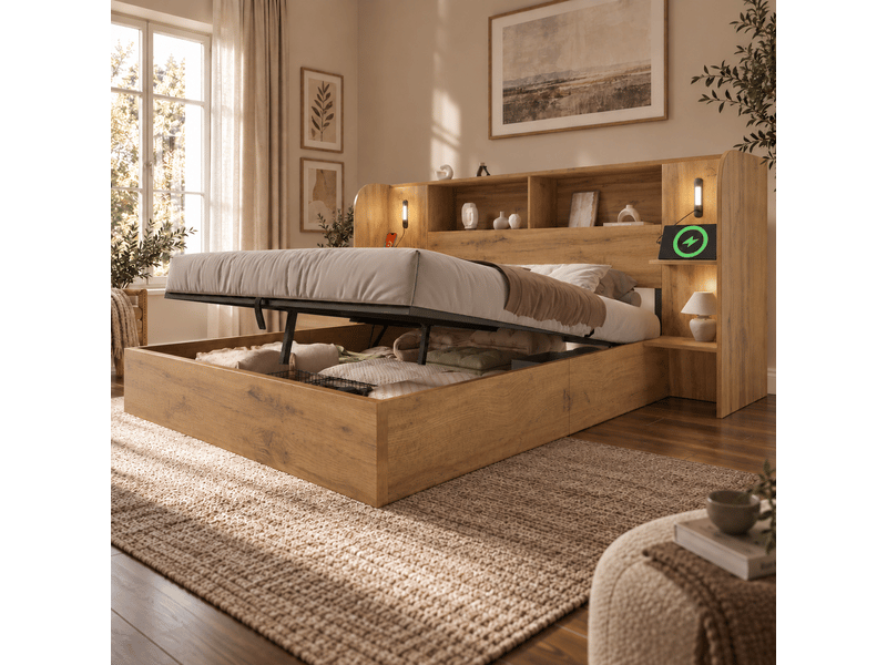  Lit coffre 180x200 cm avec rangement hydraulique, lit double avec étagères de tête de lit, lampes tactiles, usb-ausb-c et sommier, effet chêne Seren Glow - Conforama E