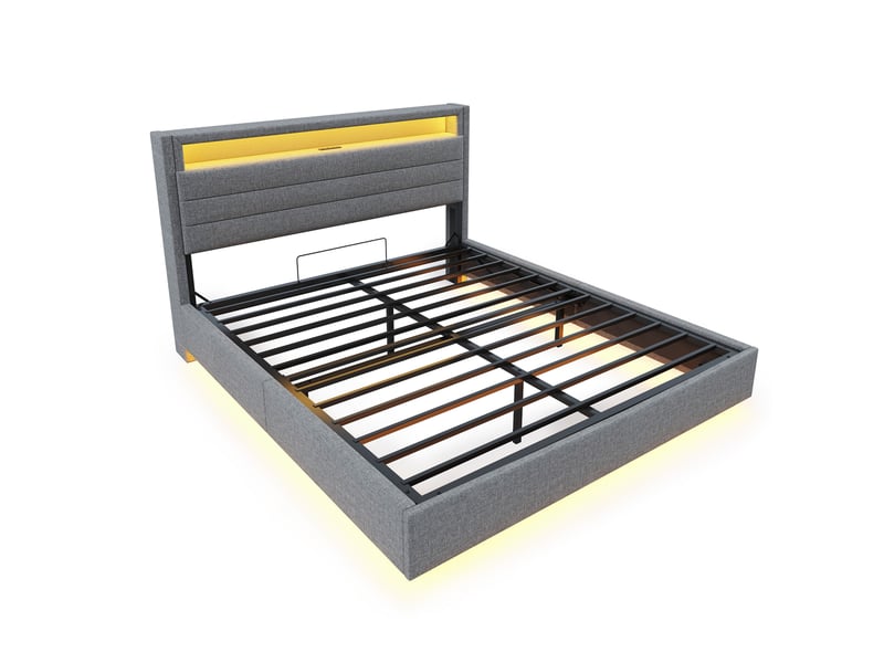  Lit coffre 140 x 200 cm gris, éclairage led, port usb et rangement hydraulique en lin  - Conforama A