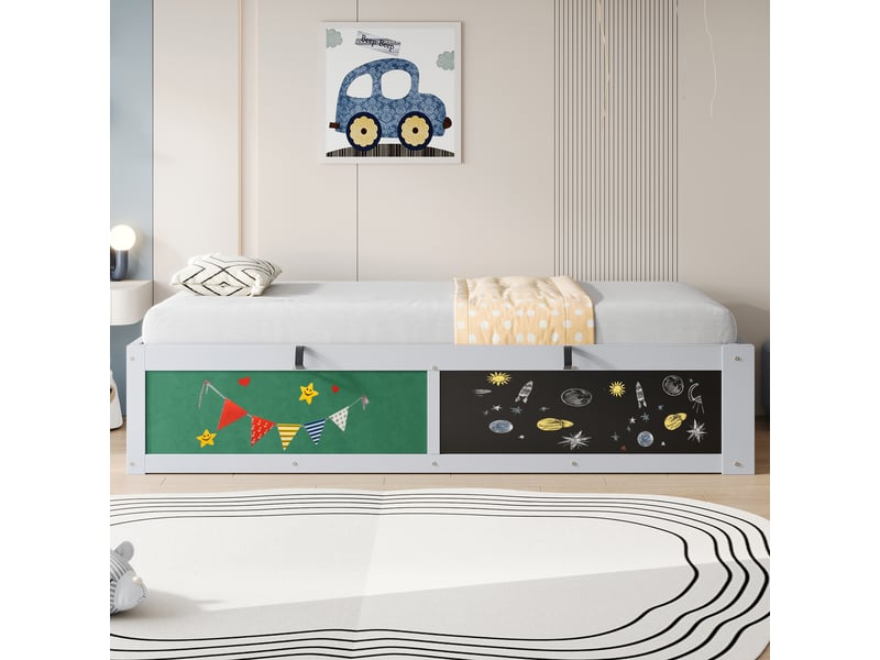  Lit coffre enfant 90x200 cm avec rangement, tableau à craie et panneau en feutrine, pin et mdf, gris, sans matelas  - Conforama B