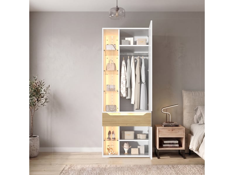 Armoire penderie vitrine 75x50x200 cm - 1 tiroir - 6 cases ouvertes - 2 led - mdf et verre - blanc CozyNest - Conforama D