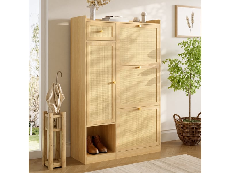  Meuble à chaussures - 80.5x25x125cm - meuble d'entrée 3 portes abattantes, 1 tiroir, cannage rotin - bois  - Conforama C