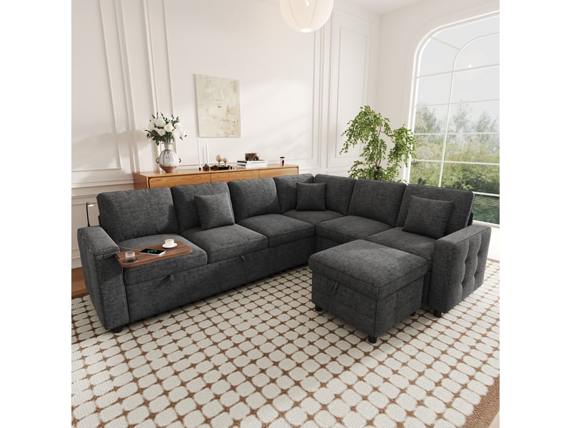  Canapé d'angle convertible 7 places en tissu chenille gris, canapé-lit avec fonction couchage, ports usb et espace de rangement  - Conforama E