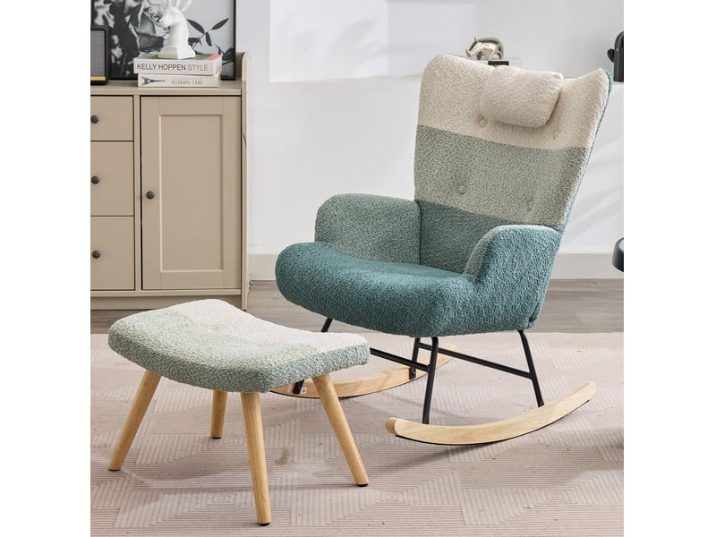  Fauteuil à bascule ergonomique avec pouf et poche latérale, dossier haut, en tissu bouclé multicolore  - Conforama B