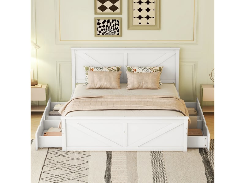  Lit double 160 x 200 cm en bois blanc avec 4 tiroirs de rangement et sommier inclus  - Conforama B