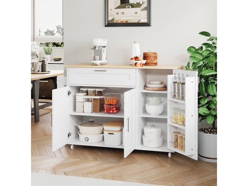 Chariot de cuisine mobile - 132.5x44(70)x90 cm - plan de travail pliable - grain de chêne - 5 roulettes avec freins - Conforama C