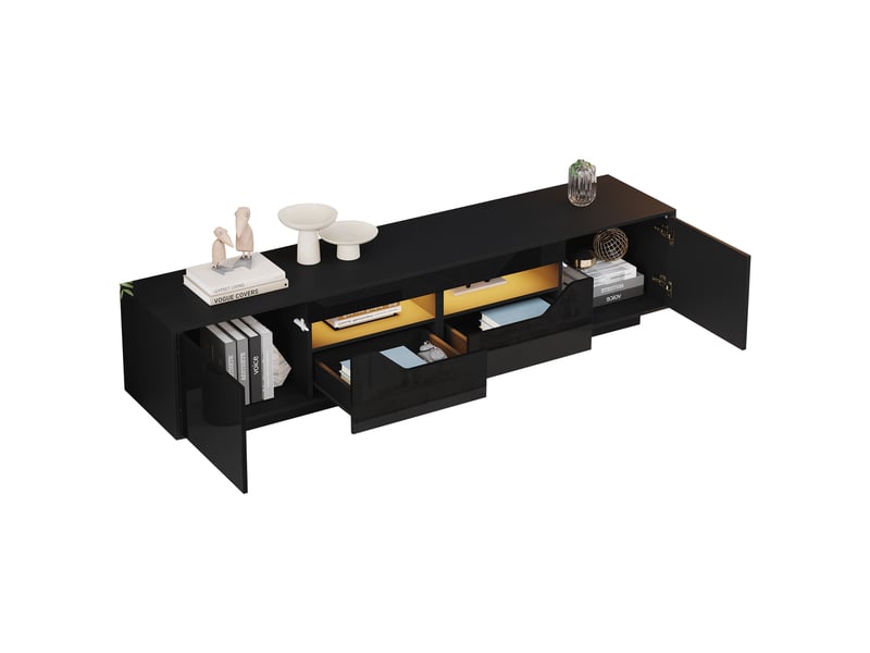 Meuble tv noir haute brillance avec led 180x40x45 cm, 2 tiroirs et 2 portes pour tv jusqu'à 75 pouces - Conforama E